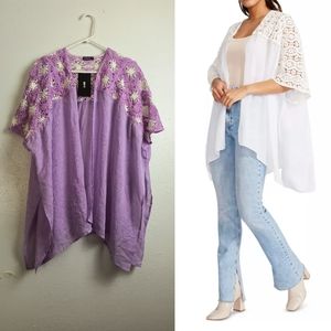 Steve Madden Two-Tone Crochet Yoke Kimono Cover Up One Size Lavender